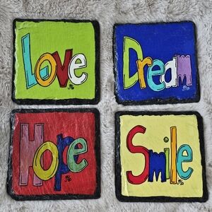 Hand Painted Slate Coaster Set | Signed Folk Art | Smile Hope Dream Love